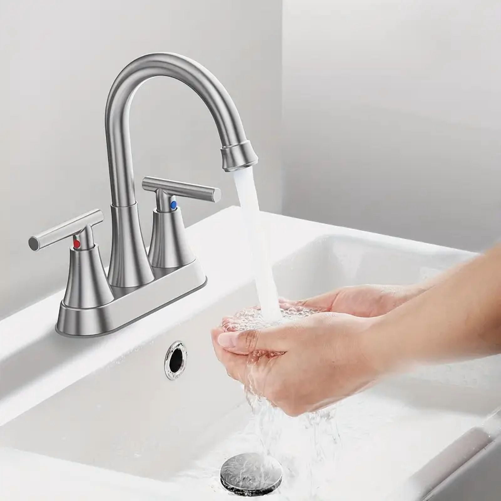 Bathroom Faucets for Sink 3 Hole, Hurran 4 inch Brushed Nickel Bathroom Sink Faucet with Pop-up Drain and Supply Lines, Stainless Steel Centerset Faucets for Sink Vanity