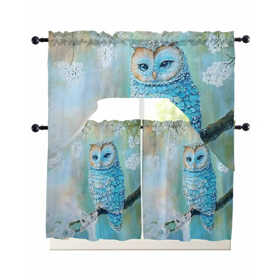 Blue Owl Kitchen Curtains Sets 36 Inch Length with Valance, Watercolor Flower Bird on Branch Swag Valances and Tiers Curtain Set Drapes Swag Curtains for Living Room, Bathroom, Bedroom, Cafe
