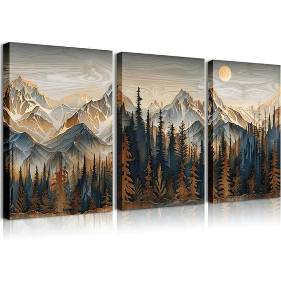 3Pcs Large Bohemian Style Mountain Wall Art Mountain Ridge Pine Trees Landscape Wall Decor Natural Daylight Scenery Art Painting Picture Prints for Living Room Bedroom Office 12x16 in Canvas