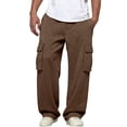 thumbnail image 3 of Cargo Sweatpants for Men Straight Wide Leg Baggy Pants High Rise Elastic Jogger with Pockets, Brown 3XL, 3 of 7
