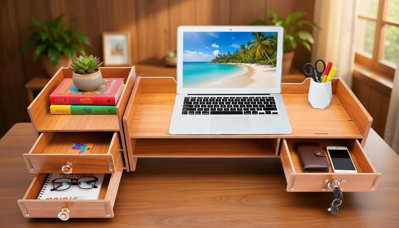Wooden Desk Monitor Riser with Secure Drawer and Storage Slots