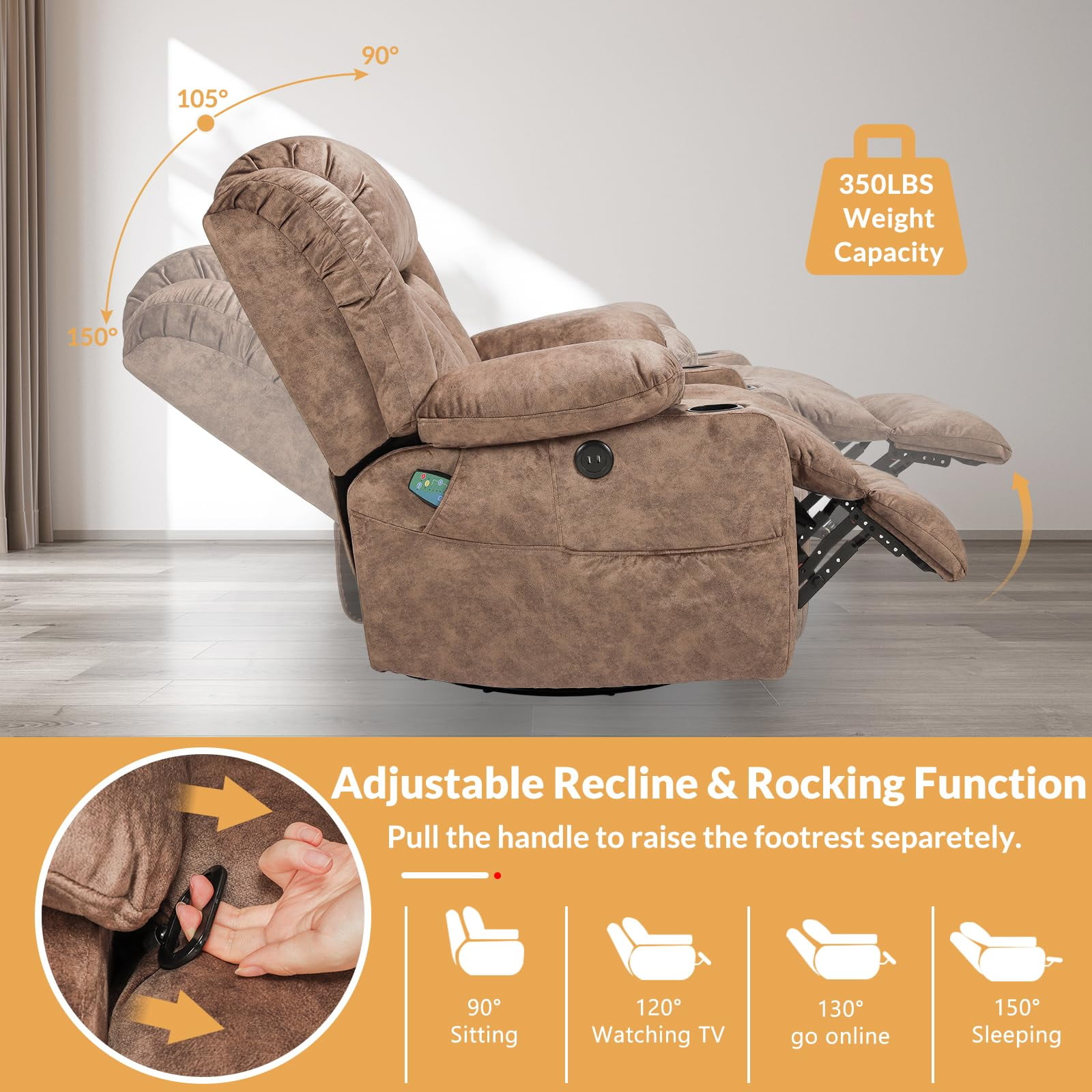 360° Swivel Glider Rocking Recliner Chair, Overstuffed Manual Massage Recliner with Heat and Vibration, Single Modern Sofa Home Seating for Living Room, Cup Holders/USB Ports (Plush-Brown)