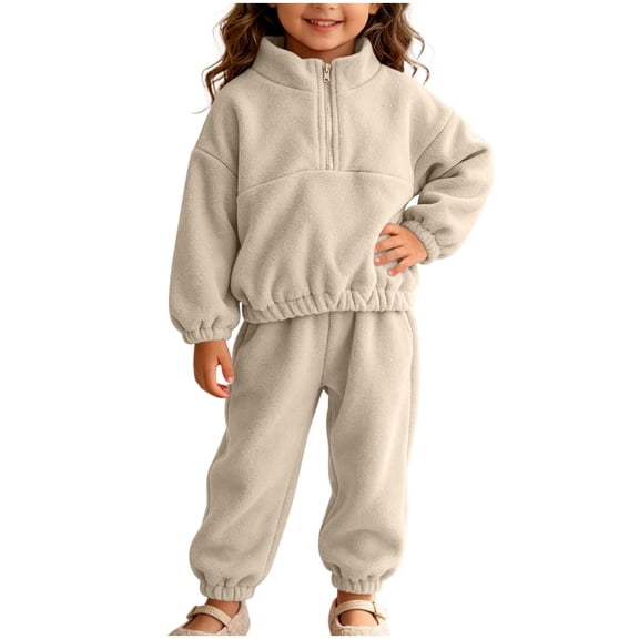 Atogsazn Toddler Baby Girls Fleece Clothes Set Kids Sherpa Half Zip Sweatshirt & Jogger Sweatpants Outfit Beige 3-4 Years Fashion