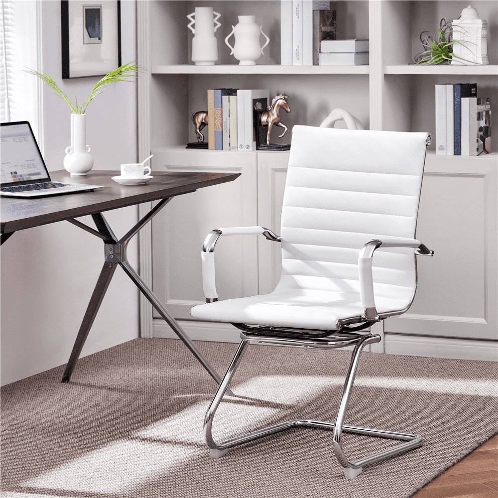 Alden Design 2pcs Mid-back Ergonomic Office Reception Chair with Sled Metal Base, White
