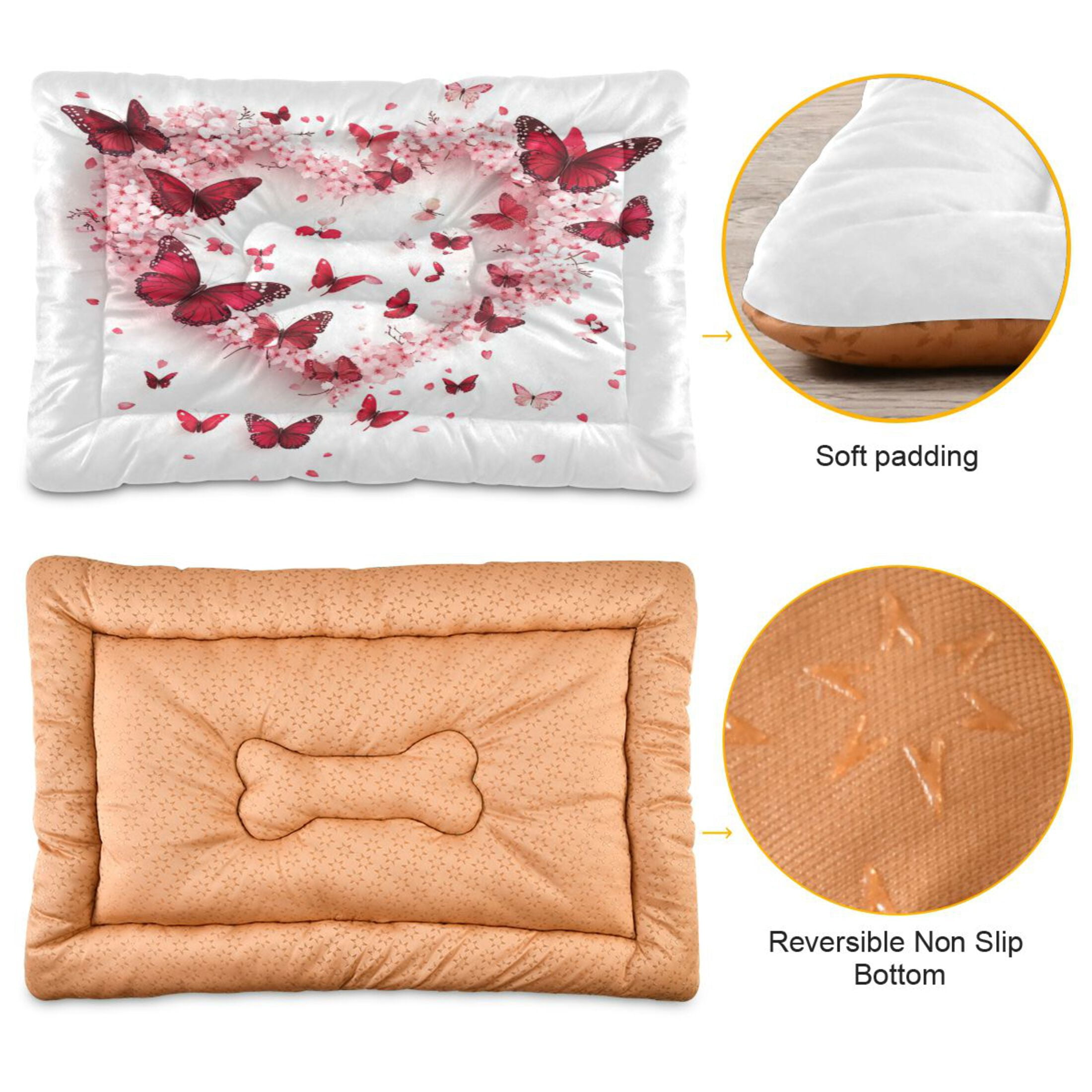 Qxltty Red Butterfly Pink Floral Ped Pad Wear-resistant and Hard to Bite Through Sleeping Pad for Small Medium Large Dogs Winter Pet Bed 36×24in