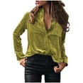 thumbnail image 2 of Kinrui Womens Velvet Tops Long Sleeve Button Down Shirt Jacket Retro Casual Blouse Work Office Lapel Tunic Tops with Pockets Green,S, 2 of 5
