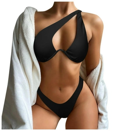 Bikini Set Swimwear Bikini Set For Women Solid V Neck Knot Front Push Up High Leg Thong Two Piece Swimsuit Sexy One Piece Swimsuit for Women(Size:S)
