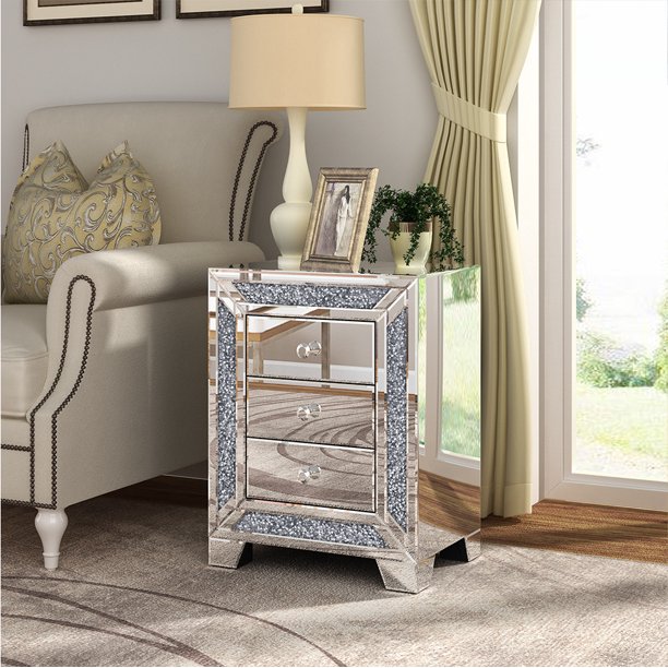Nxhome 3Drawer Mirrored End Table Bedroom Mirror Silver