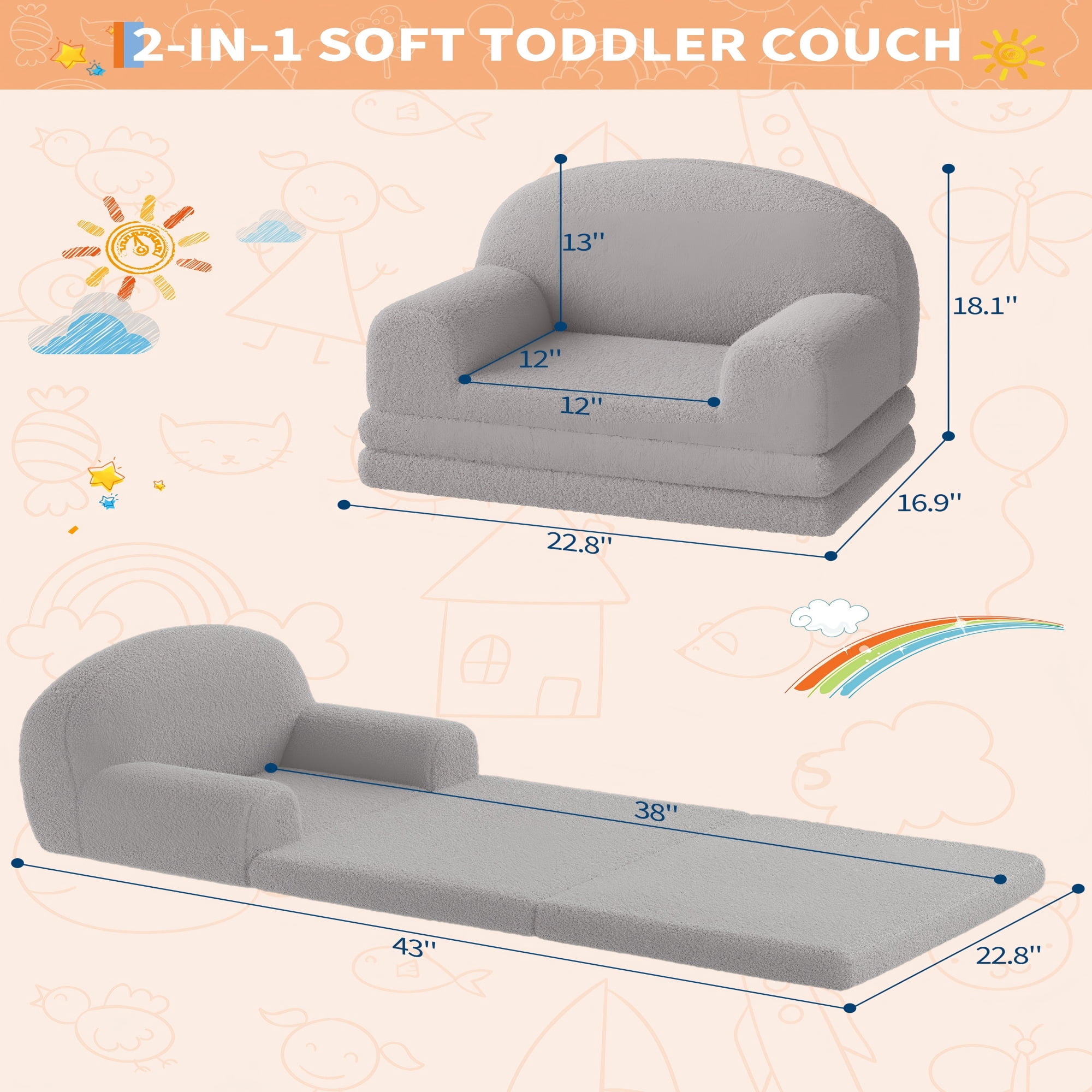 COZONY 2-in-1 Kids Sofa Chair, Convertible Toddler Couch Lounger, Fold-Out Teddy Fleece Sofa Bed