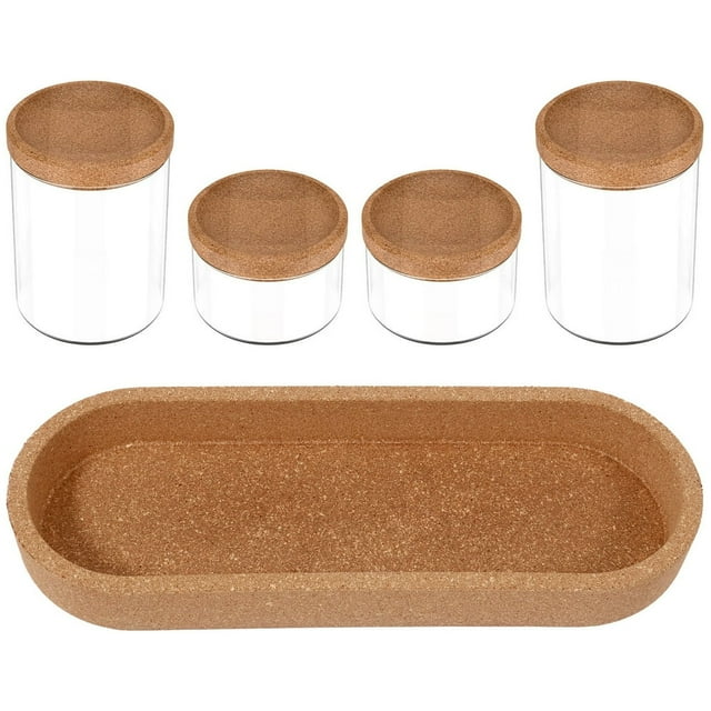 4Pcs Glass Storage Jars with Wood Lid Stackable Glass Food Canisters with Tray Airtight Seal Spice Jars Set Clear Glass Seasoning Container Reusable Seasoning Storage Jar for Kitchen Suga