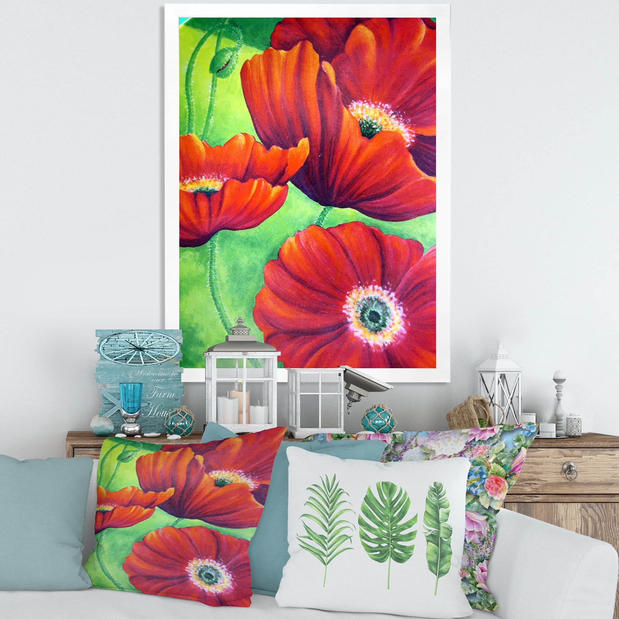 Designart 'Red Blossoming Poppies Over Wild Green V' Traditional Framed Art Print