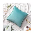 thumbnail image 2 of Pack of 2 Velvet Christmas Throw Pillow Covers Spring Pompom Decorative Pillowcases Solid Soft Cushion Covers with Poms Square -16"x16" Teal Green, 2 of 5