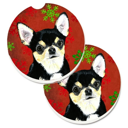 

Carolines Treasures SC9439CARC Chihuahua Red and Green Snowflakes Holiday Christmas Set of 2 Cup Holder Car Coasters