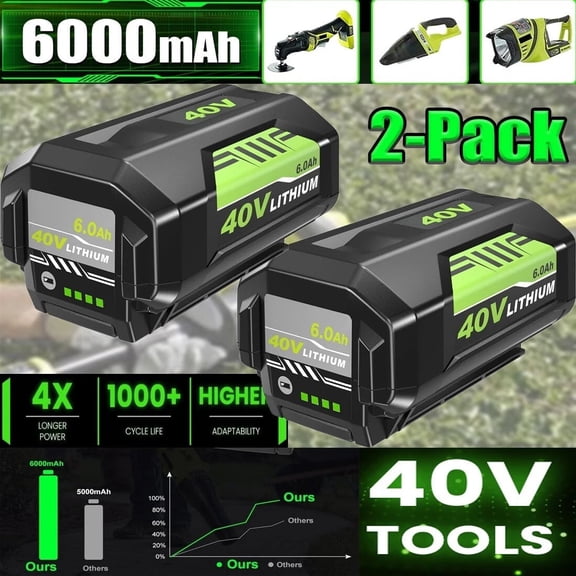 2Pack 40 Volt 6000mAh Lithium-Ion Battery Replacement for Ryobi 40V Battery OP4026 OP4040 OP4050 OP4060A Compatible with Ryobi 40V Power Tool