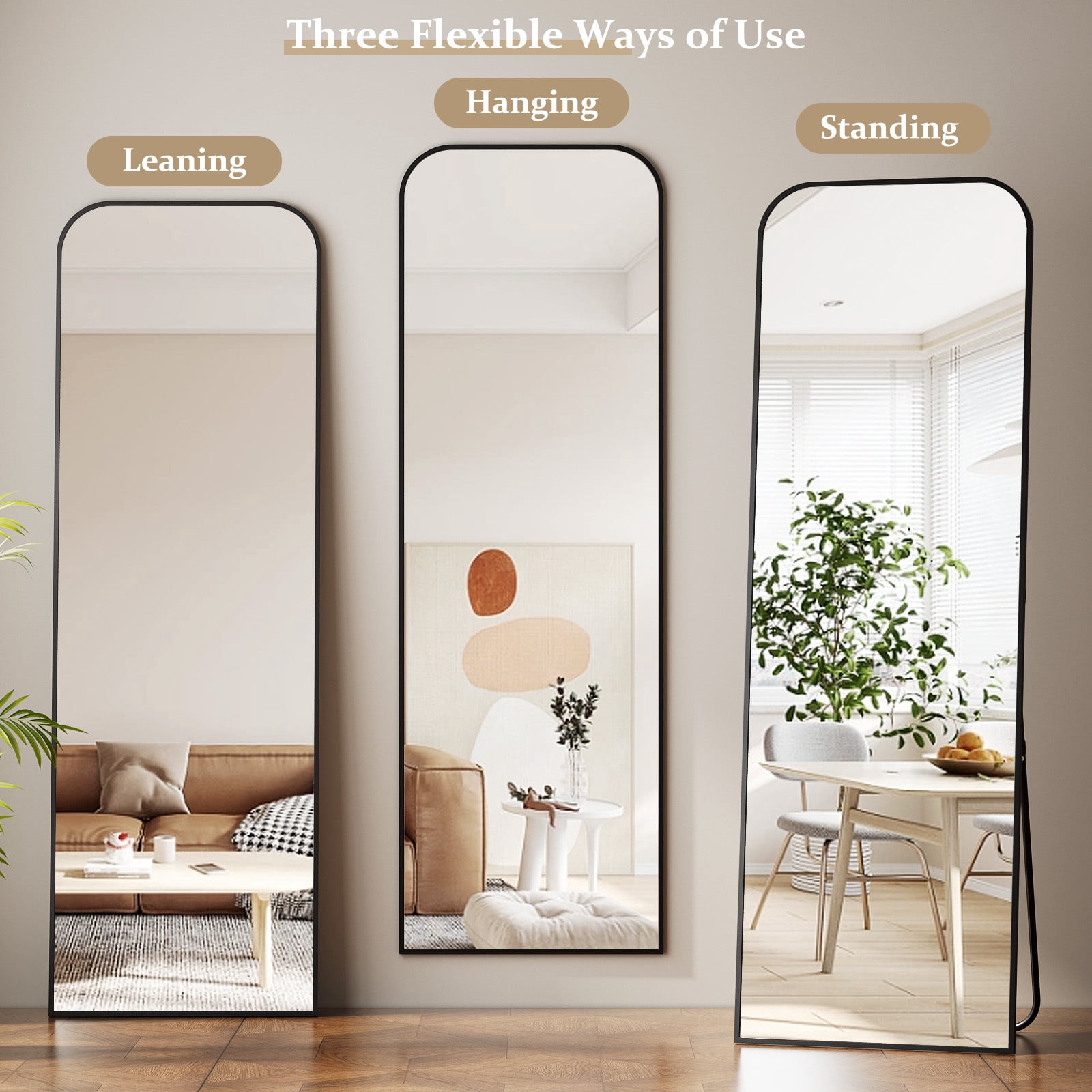 Mirstory 64"x21" Floor Mirror Arched Full Body Standing Mirror, Black