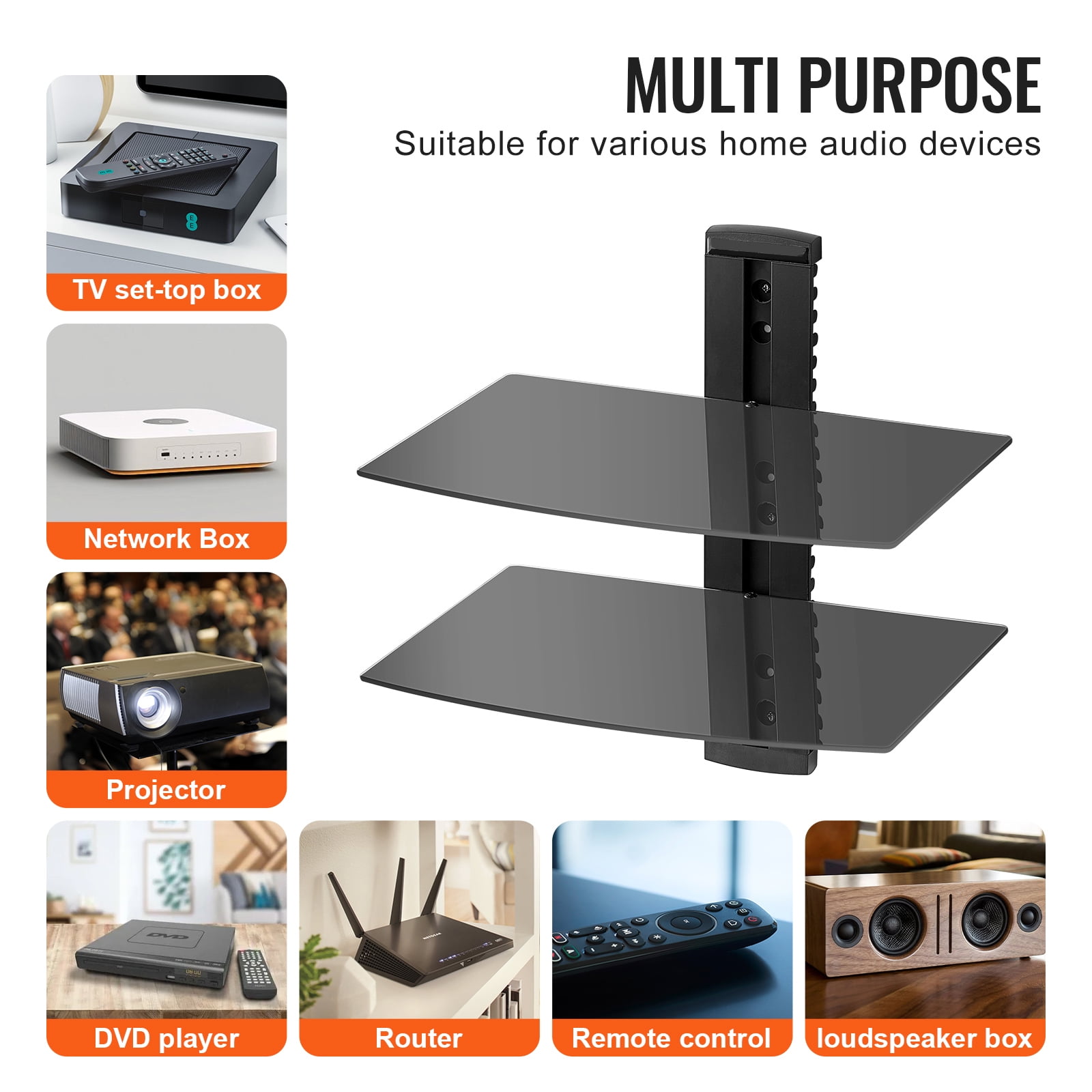 KFFKFF Glass Wall Shelves, Supports 18 lbs, Shelf TV Wall Mount, Durable Floating Media Console for DVD/PS4/Cable Units/Game Systems/Sky Box/TV Extras-2 Levels