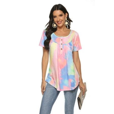 Women's V-neck Button Gradient Tie-Dyed Loose Short-Sleeved T-shirt ...