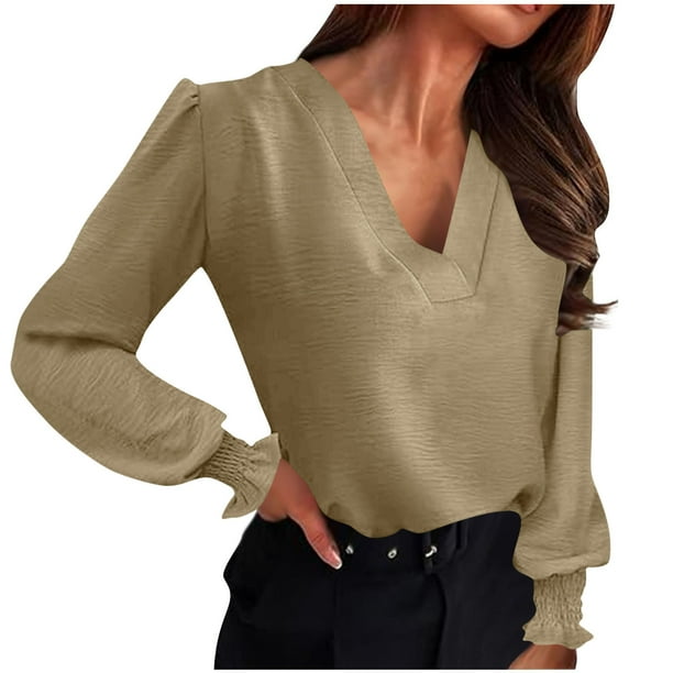 HongQid Women's V Neck 3/4 Sleeve Tops Dressy Casual Shirts Cute Loose Blouse