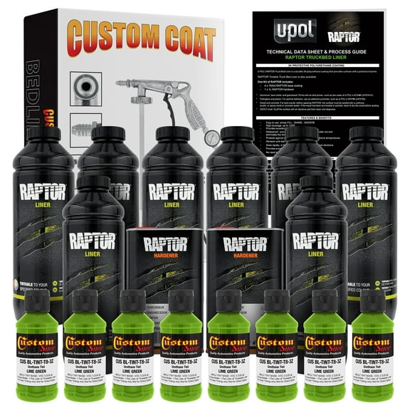 U-POL Raptor Lime Green Urethane Spray-On Truck Bed Liner Kit w/ FREE Custom Coat Spray Gun with Regulator, 8 Liters