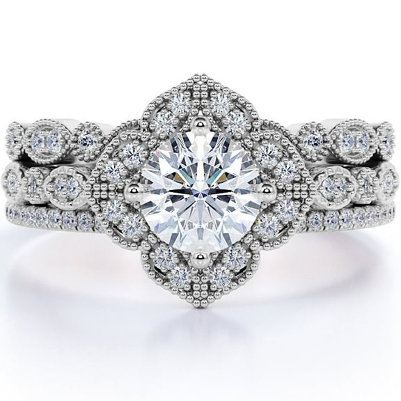 Vintage Art Deco Diamond Ring Set, Antique Trio Ring Set, Floral Cluster Halo Diamond Ring Set, Milgrain Shank Diamond Ring Set, 14K White Gold Plated, 2.4 Ct Simulated Diamond, Bridal Ring Set