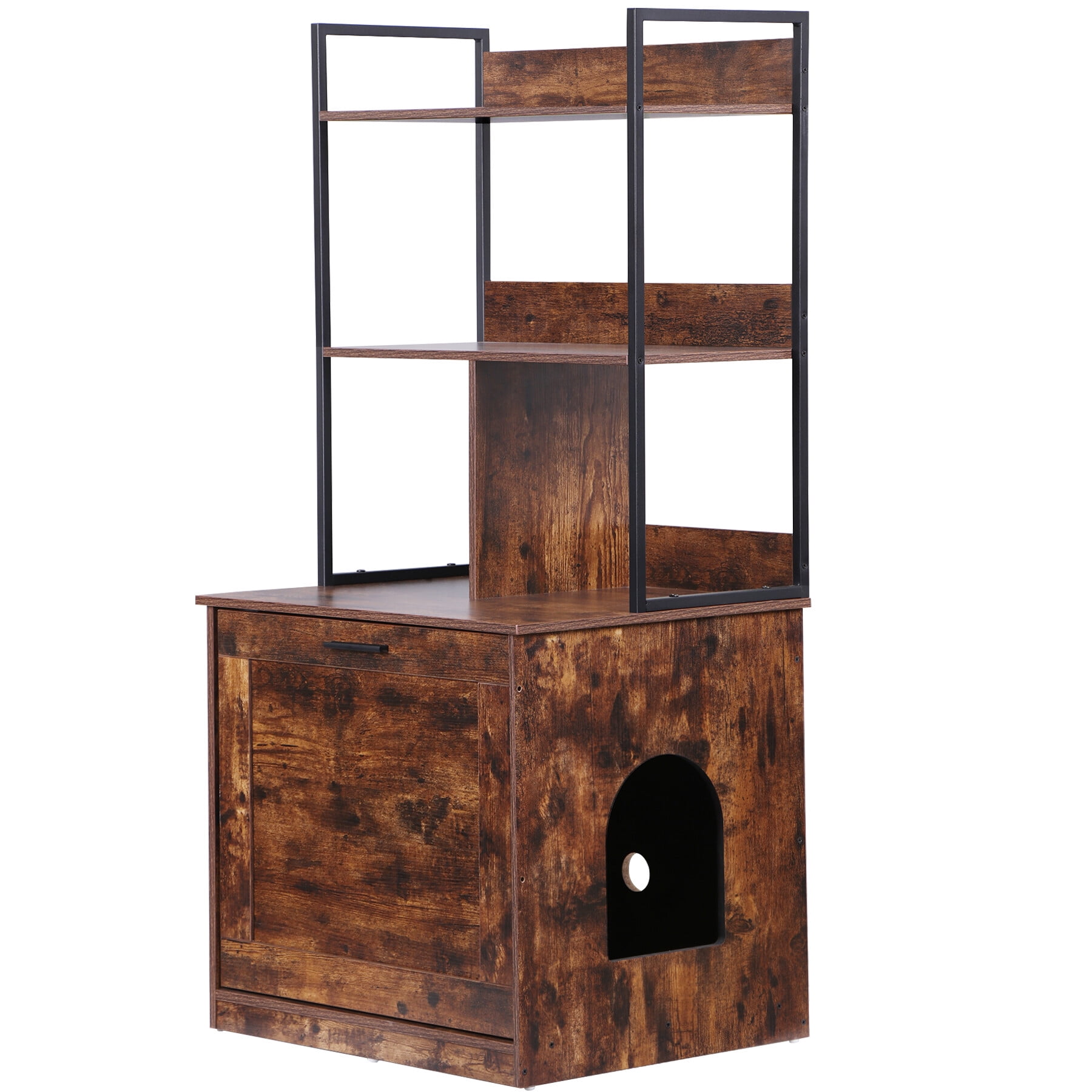 ZENSTYLE Hidden Cat Litter Box Enclosure with Shelves Cat House Cat Furniture Brown