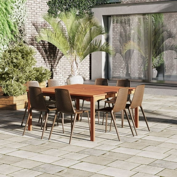 Amazonia Melia 9-Piece Patio Dining Table Set, Eucalyptus Wood 100% FSC, Ideal for Outdoors and Indoors, Brown