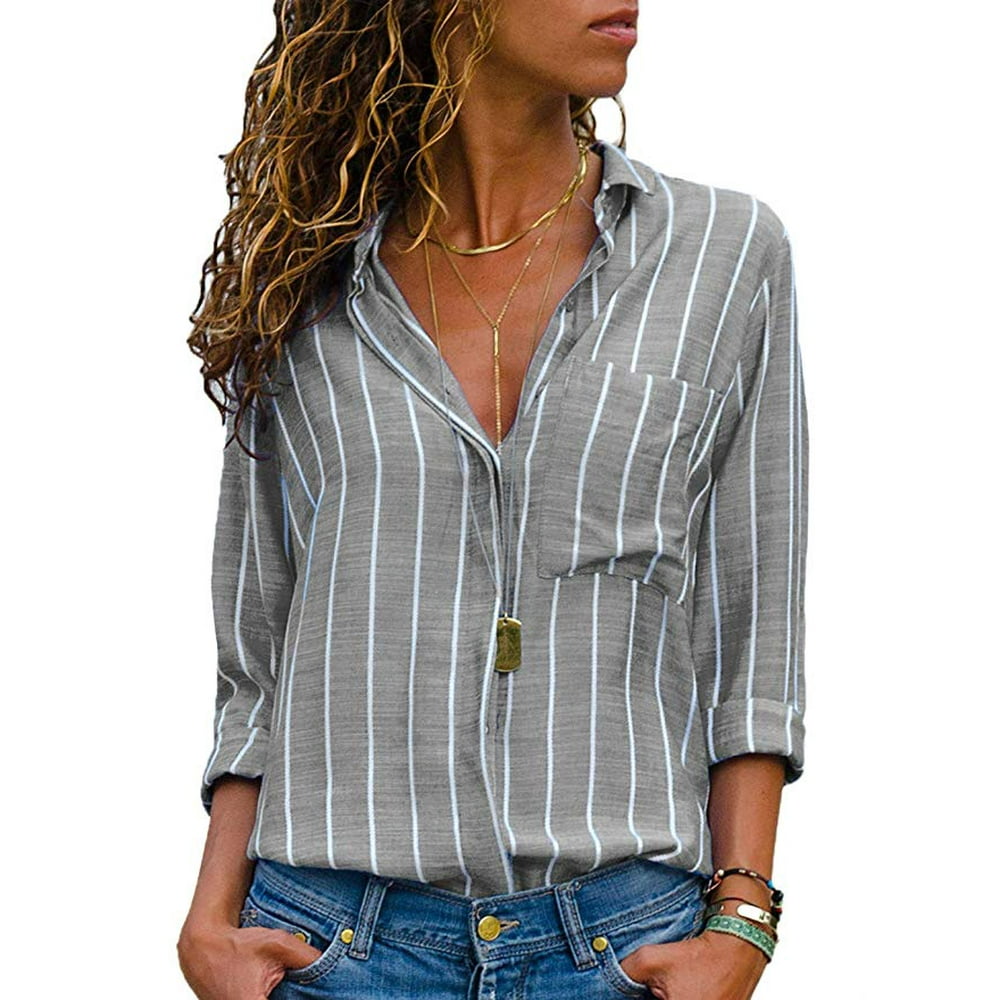 Pink Queen - Womens Casual V Neck Striped Button Down Long Sleeve ...