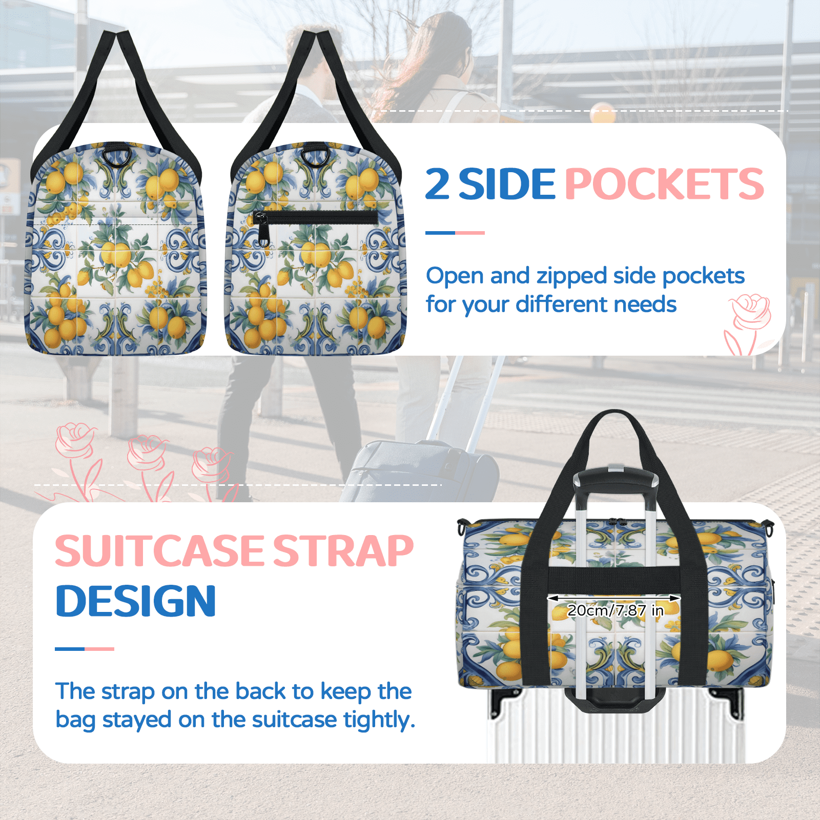 Herdesigns Vintage Lemon Boho Gym Bag for Women, Duffle Bag for Travel Sport, Lightweight Waterproof Carry on Weekender Overnight Dance Yoga Workout Bags