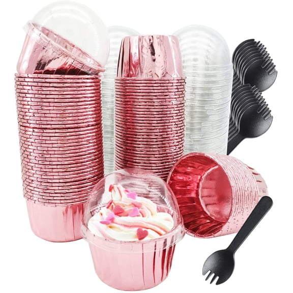 Cupcake Liners with Dome Lids 100Pack,Fe-Air 3.5Oz Mini Foil Baking Cups Muffin Liners,Disposable Muffin Tin Cupcake Cups for Individual Bakery Wedding Birthday Party, with Spoons-Rose gold