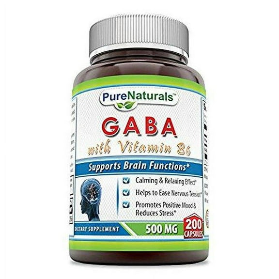 Pure Naturals GABA (Gamma Aminobutyric Acid) with Vitamin B6 500mg 200 Capsules Supplement | Non-GMO | Gluten Free | Made in USA