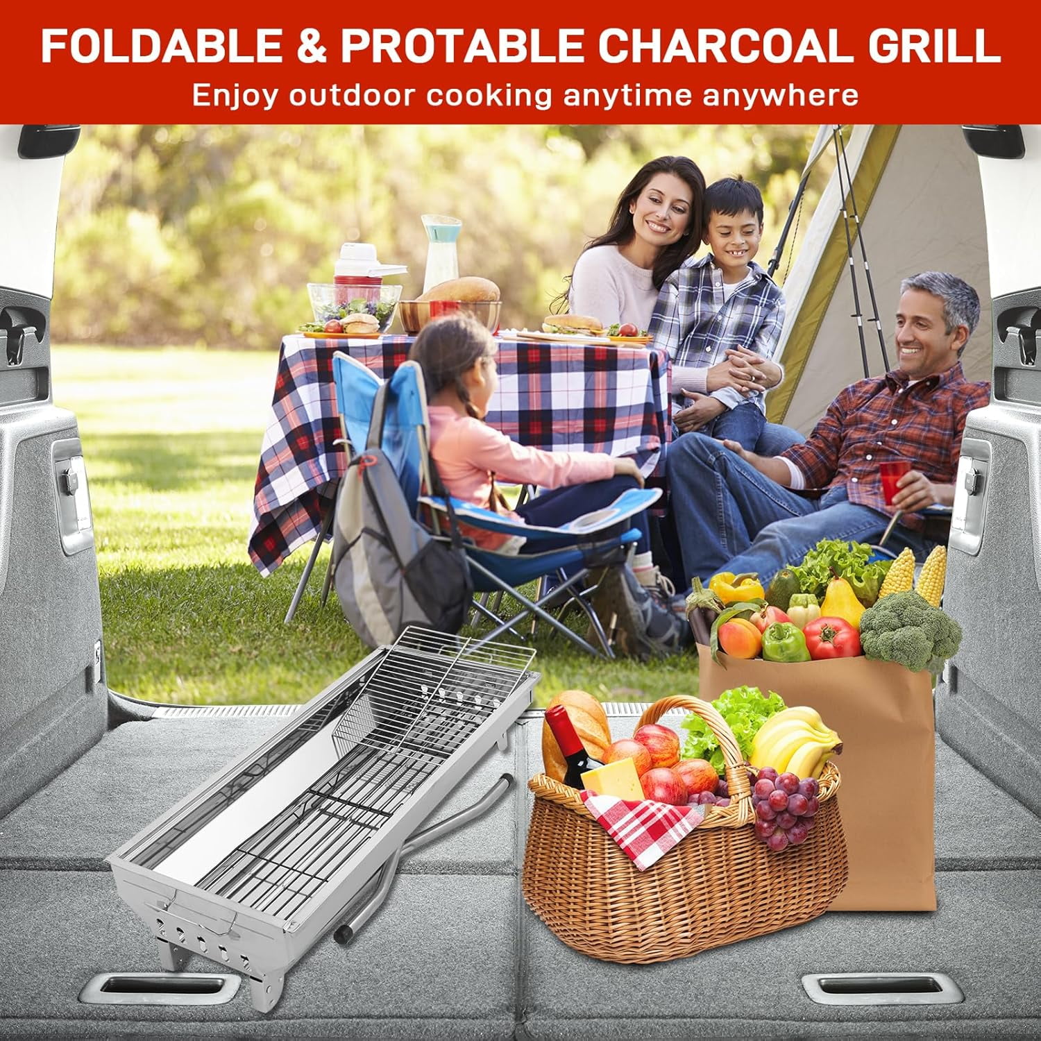 CHTER Portable Charcoal Grill, 28x 13 x 27" Foldable Barbecue Grill, Stainless Steel BBQ Grill for Outdoor Cooking Camping Hiking Picnic Garden Beach Party