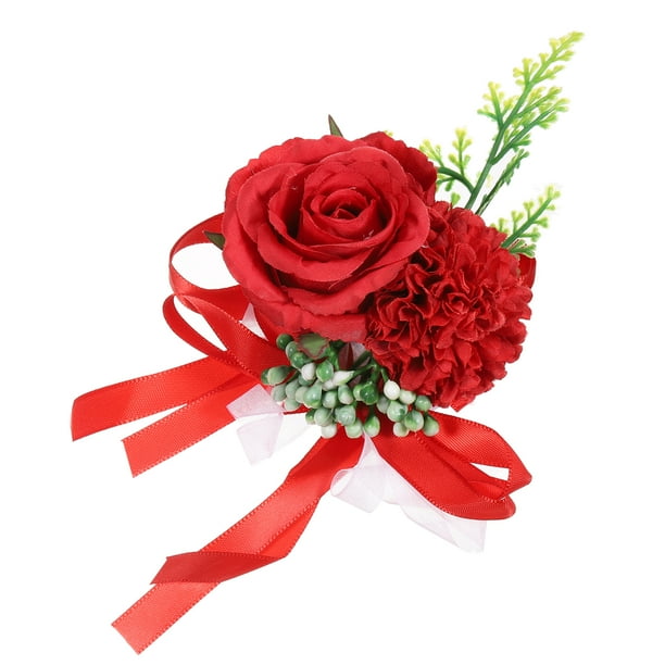 Uxcell Pulsera de Muñeca de Flor Artificial Paquete de 1 Rosa para Novia y Novio Decorativa 10x12cm Roja
