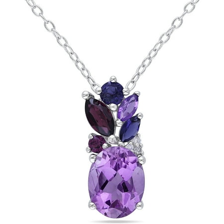 2-5/8 Carat T.G.W. Amethyst, Purple Garnet and Iolite with Diamond-Accent Sterling Silver Multi-Stone Pendant, 18