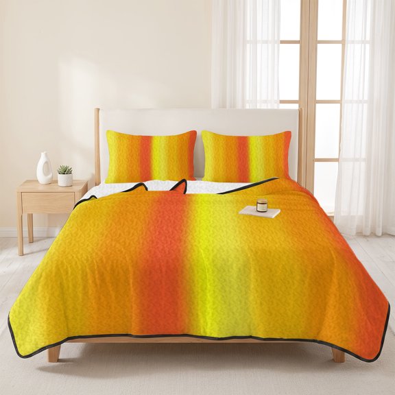 3 Pieces Queen Quilt Set,Ombre Orange Blue Stripe Soft Bedding Sets with 1 Quilt & 2 Pillow Shams,Abstract Minimalist Style Summer Bedspread Lightweight Coverlet Comforter