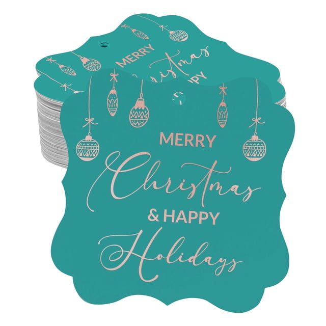 Inkdotpot Pack Of 100 Merry Christmas & Happy Text Paper Tags DIY Craft Bracket Shape Real Rose Gold Foil Hang Tags