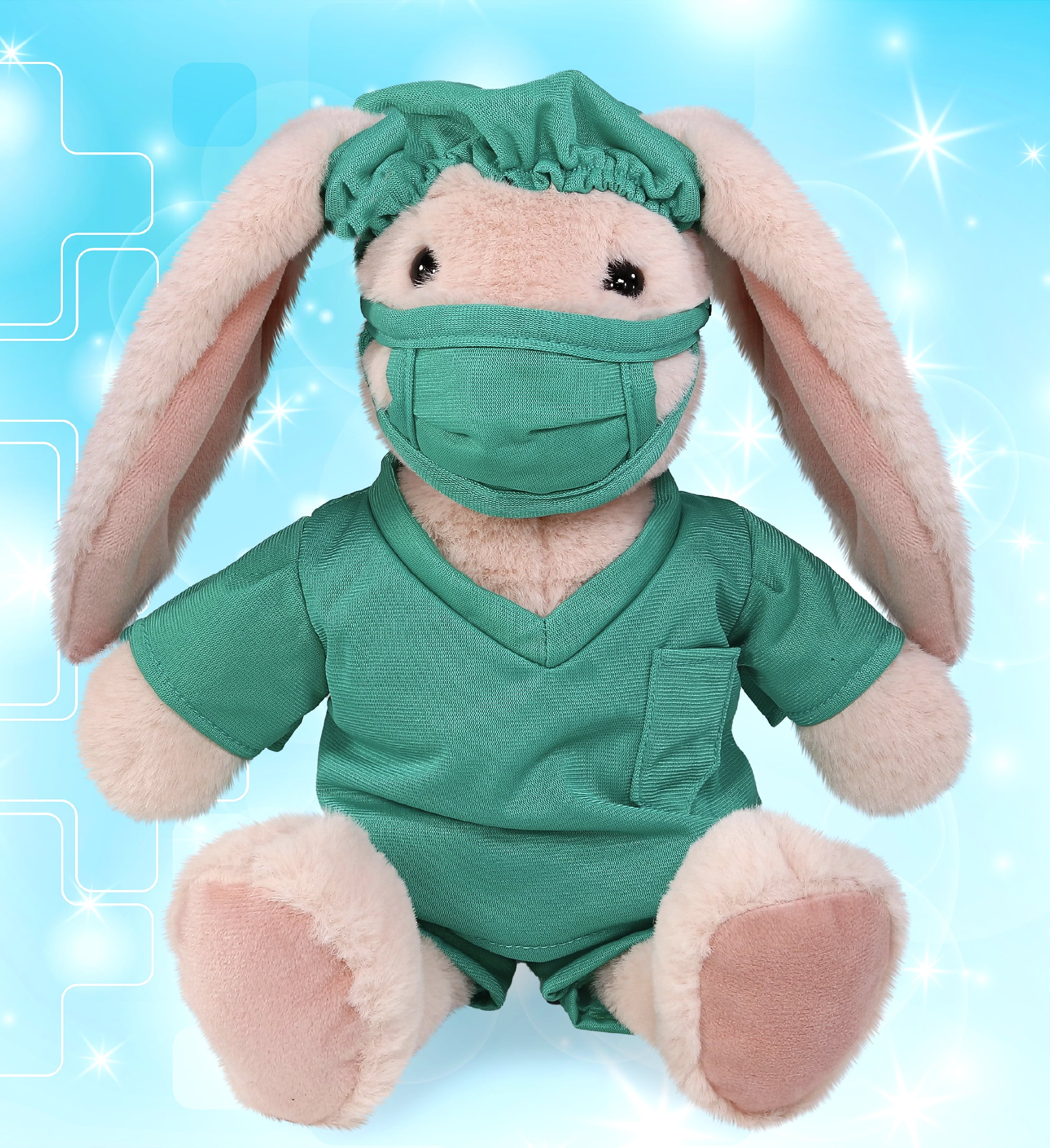 DolliBu Baby Pink Rabbit Doctor Plush Toy - Super Soft Rabbit Doctor Stuffed Animal Dress Up with Cute Scrub Uniform and Cap Outfit - Fluffy Toy Plush Gift for Doctor, Nurse, Surgeon, Dentist - 8 Inch