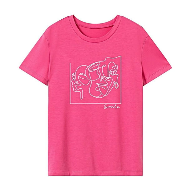 Camiseta de mujer Ropa deportiva de verano Traje Camisa de cuello redondo suave para el trabajo de vacaciones Rosa Rosa