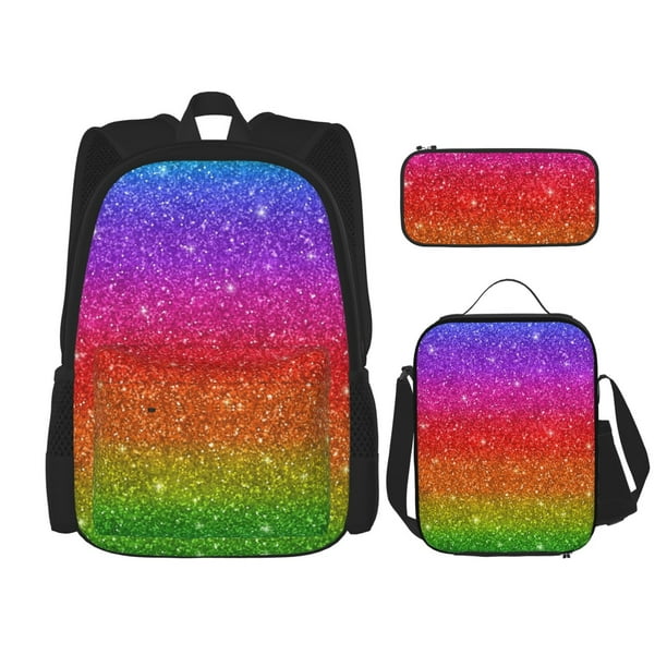 Balery Rainbow Glitter Mochila escolar 3 en 1 para niños: mochila resistente con lonchera térmica y estuche para lápices. Mochila escolar para niños y niñas.