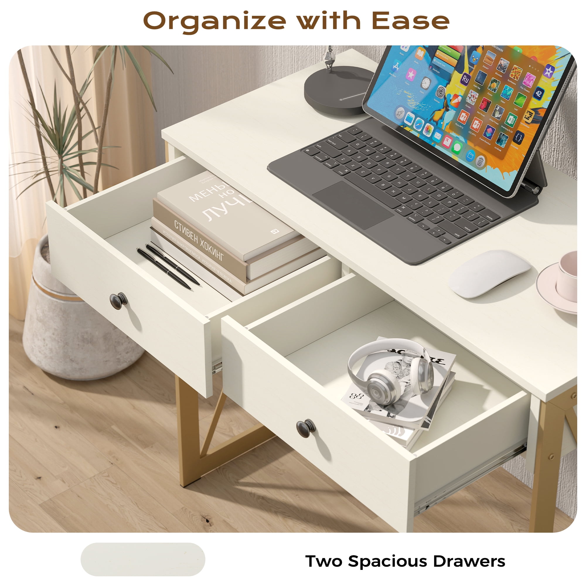 Manxile Computer Desk with 2 Storage Drawers, Home Office Writing Study Desk PC Table for Small Space/Bedroom, White+Gold
