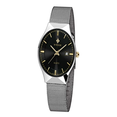 WWOOR 2016 Ultra Thin Dial Fashion Mesh Stainless Steel Watches Calendar Quartz Analog Men Casual Wristwatch with Watch