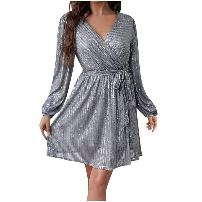 silver church dress Fznquz Church Dresses for Women 2025 Party Silver Fashion Elegant Cocktail  Elastic Wasit Wrap V Neck Sequin Mother of the Bride Dresses,XXXL