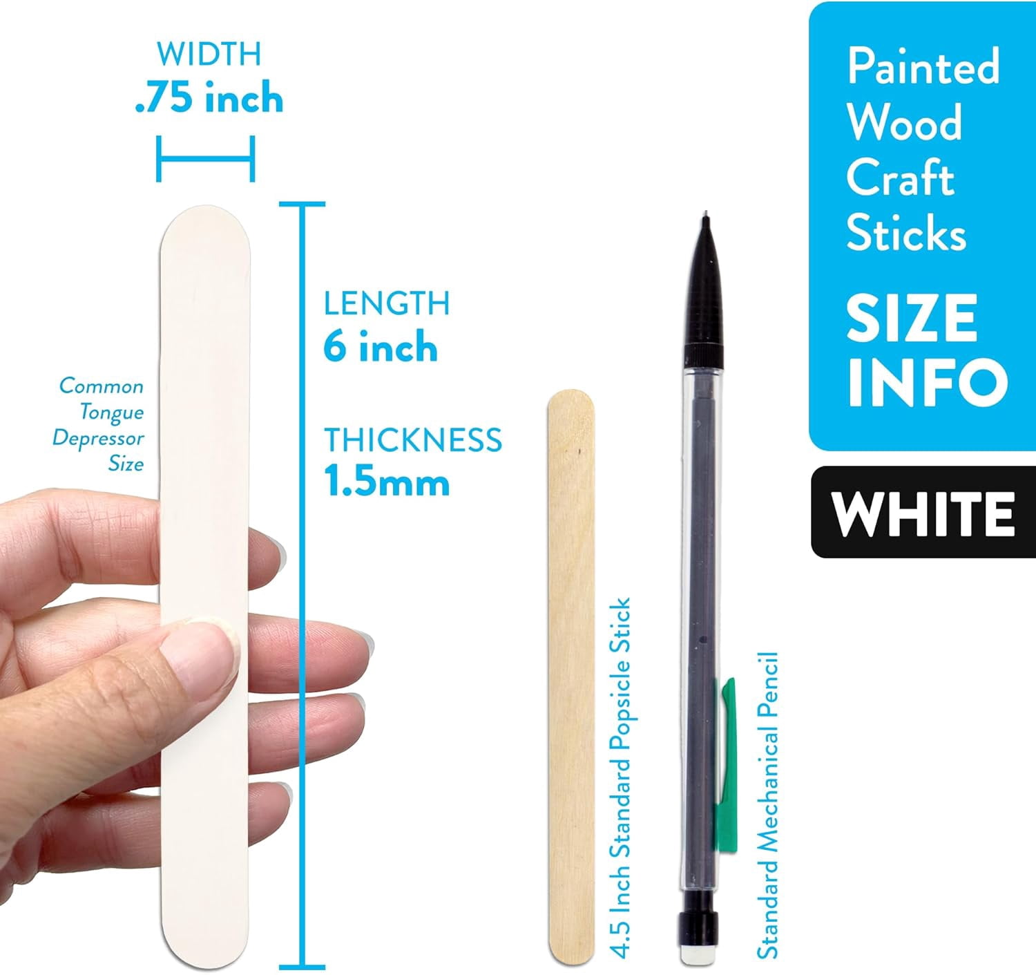 CraftySticks- 300 Pack 6 Inch White Painted Wood Craft Sticks, Jumbo Popsicle Sticks for Crafts, Learning and STEM Basics