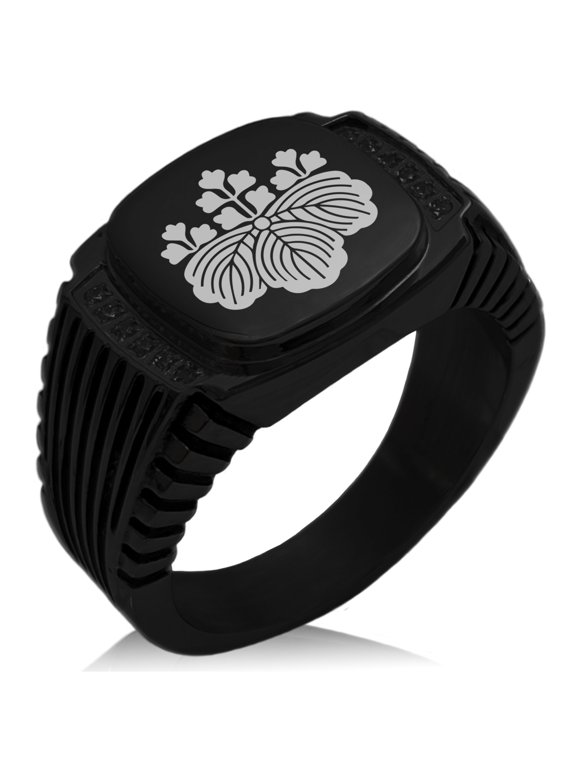 Stainless Steel Toyotomi Samurai Crest CZ Ribbed Needle Stripe Pattern Biker Style Polished Ring