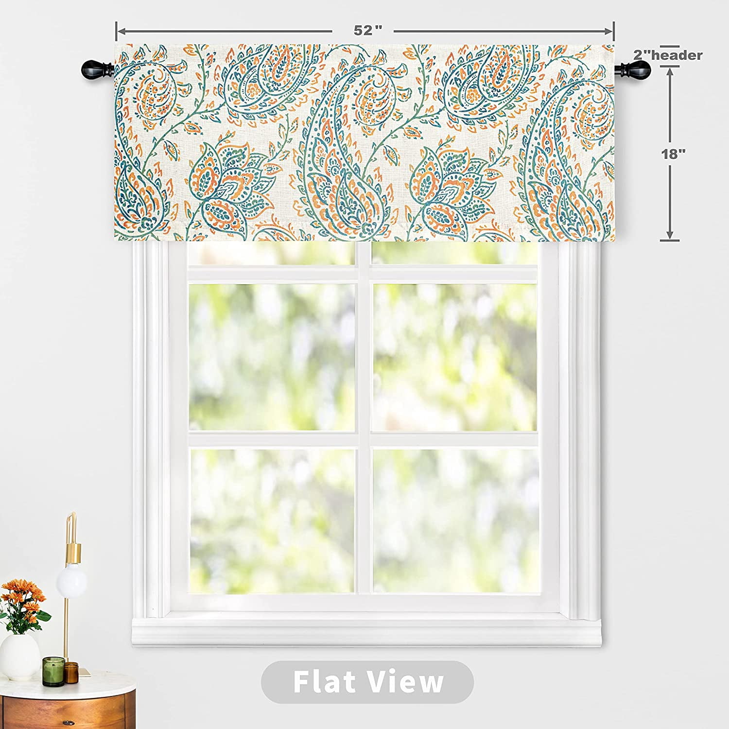 DriftAway Jacob Linen Blend Blackout Valance for Kitchen 18 Inch Length Scroll Floral Paisley Printed Lined Rod Pocket Room Darkening Window Curtain Valance for Living Room 52x18 Inch Orange Sage