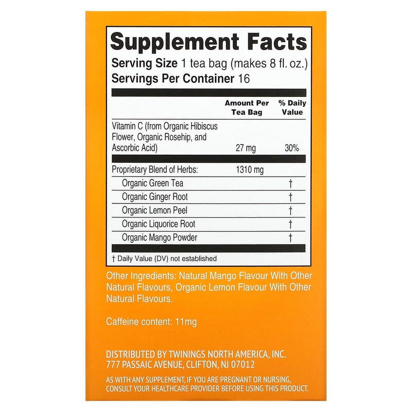 (3 pack) Twinings, Immune Support+ Green Tea, Ginger & Mango, 16 Tea Bags, 1.12 oz (32 g)