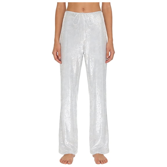 Haitryli Women's Sparkle Sequin Pants Drawstring Waist Wide Leg Straight Leg Long Pants for Nightclub White S