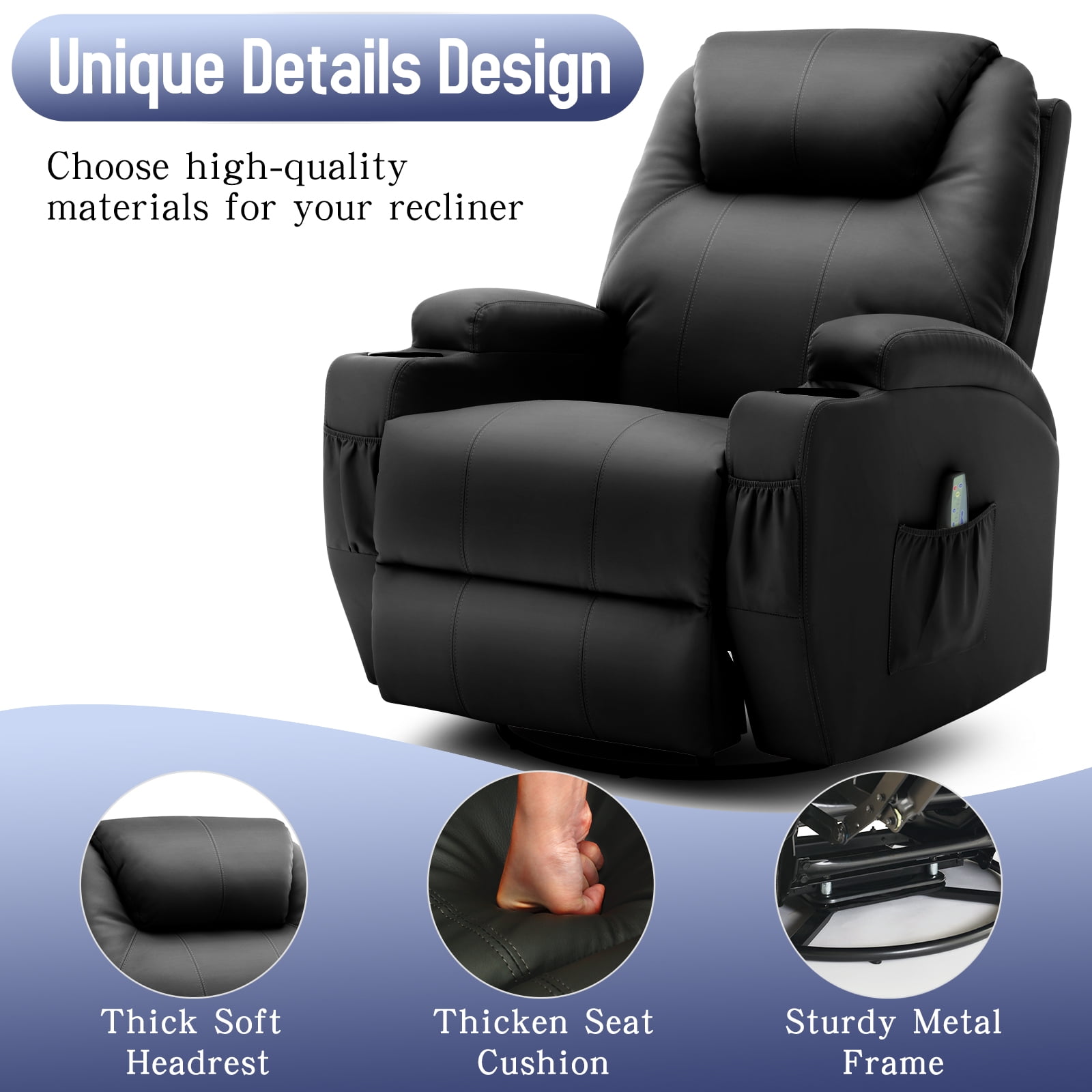 Korser Swivel Rocker Recliner Chair with Massage Faux Leather for Living Room,Black