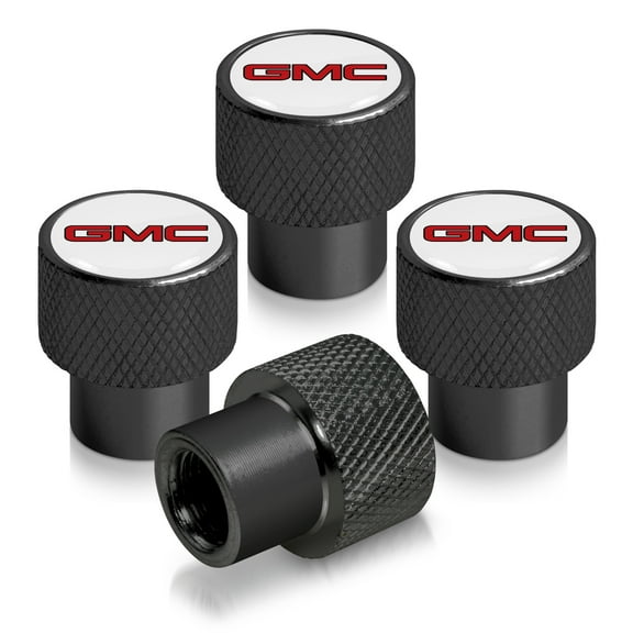 GMC Red Logo in White on Black Aluminum Tire Valve Stem Caps