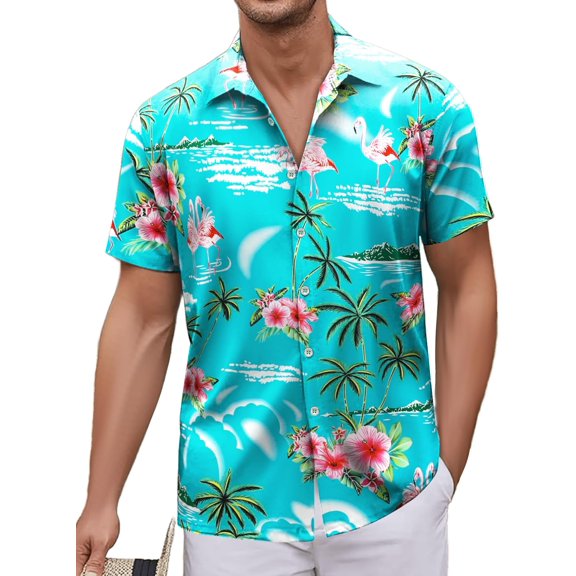 Men's Hawaiian Shirt, Short Sleeves Button Down Beach Clothing, Unisex Summer Flamingos Casual Aloha Floral Shirts