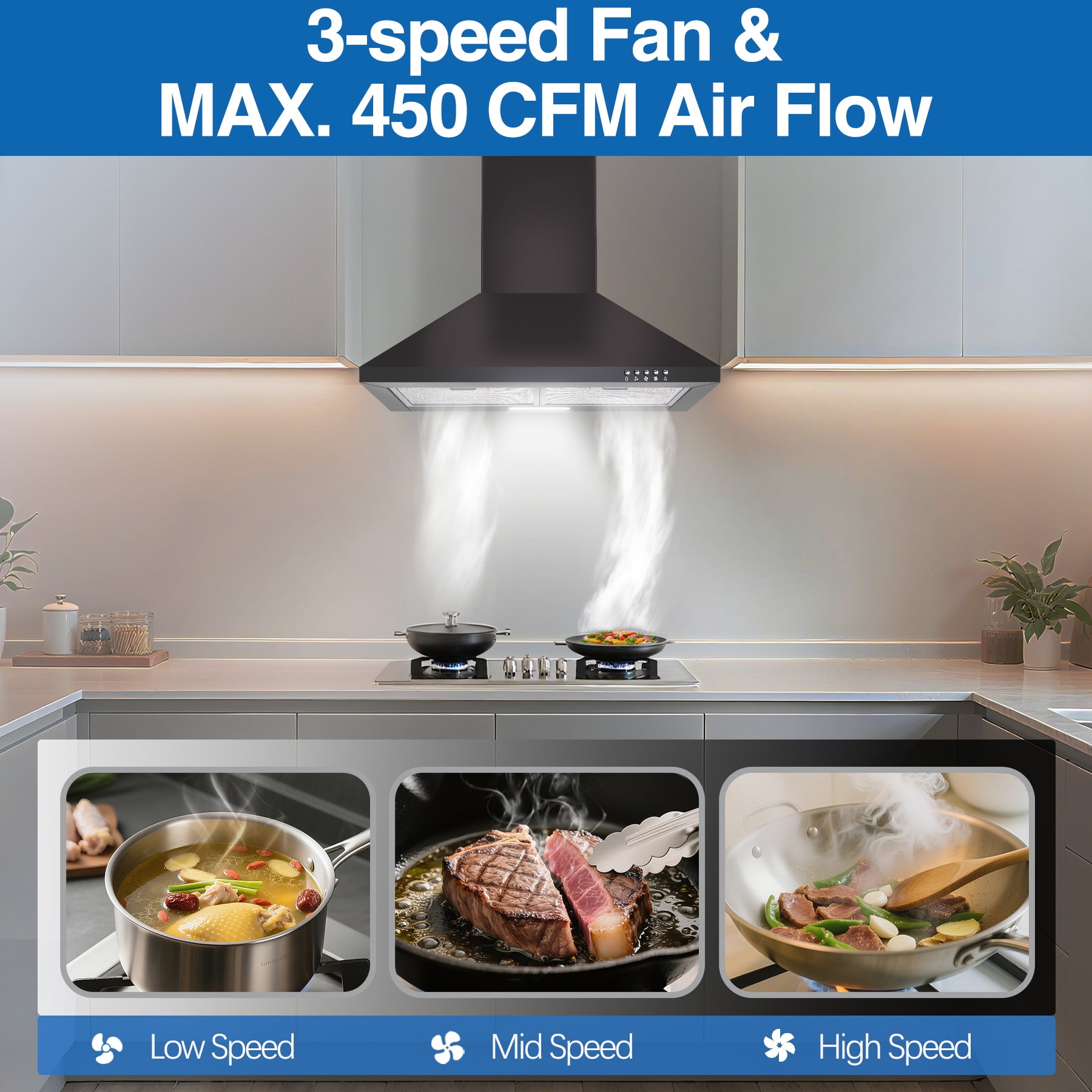Range Hood 24 inch Wall Mounted Range Hood in Stainless Steel Convertible Stove Vent Hood 3 Speed black
